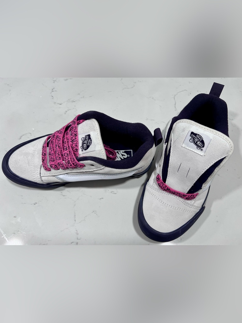 Vans White Suede Sneakers with Pink Patterned Laces and Purple Trim